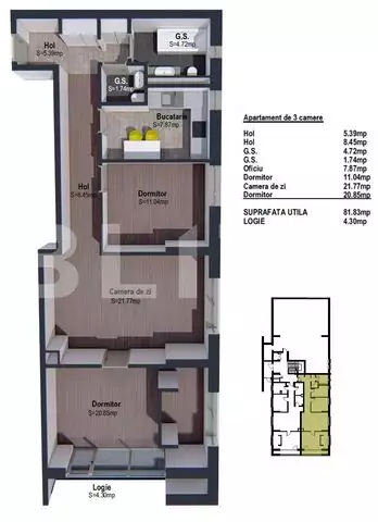 Apartament de 3 camere semifinisat, 81mp, bloc nou, zona linistita