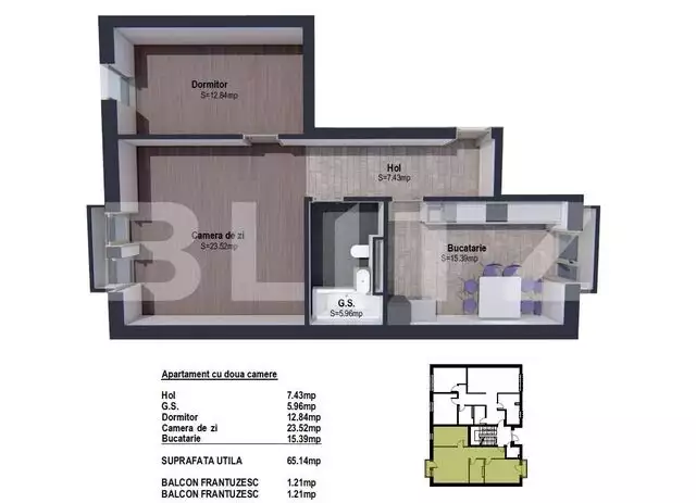 Apartament de 2 camere semifinisat, 65.14mp, bloc nou, zona linistita