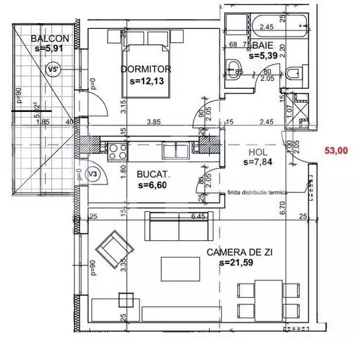 Apartament 2 camere decomandate, 53mp, etaj intermediar, zona Andrei Muresanu