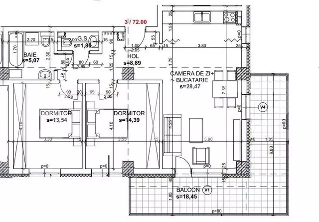 Apartament 3 camere, 72mp, etaj intermediar, semifinisat