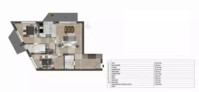 Apartament 3 camere, 77 mp, 2 balcoane, etaj intermediar