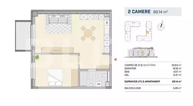 Apartament 2 camere 60mp, finisat, orientare VESTICA, SEMICENTRAL!!