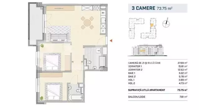 Apartament 3 camere, finisat, orientare VESTICA!! Zona SEMICENTRALA!!