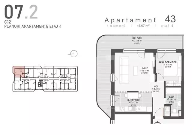 Exclusiv! Comision 0! Apartament cu 2 camere, 47mp, terasa 24mp, etaj intermediar, parcare