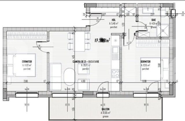 Apartament 3 camere, 54mp, +balcon de 13 mp, parcare subterana, Calea Baciului, Petrom