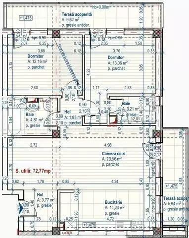 Ultimul apartament disponibil! Etajul 1, 3 camere, 72.63 mp utili, terasa!
