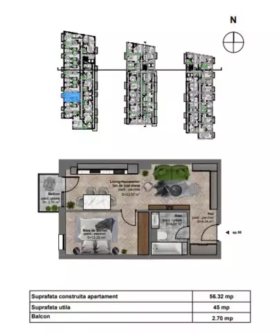 Vanzare 2 camere, 45 mp utili, balcon 2.7 mp, semifinisat!