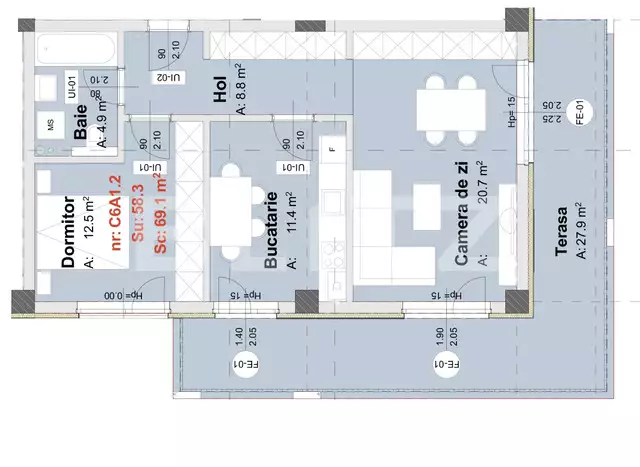 Apartament de 2 camere decomandate, 58.3 mp, terasa de 33.3 mp, semifinisat, zona Metro