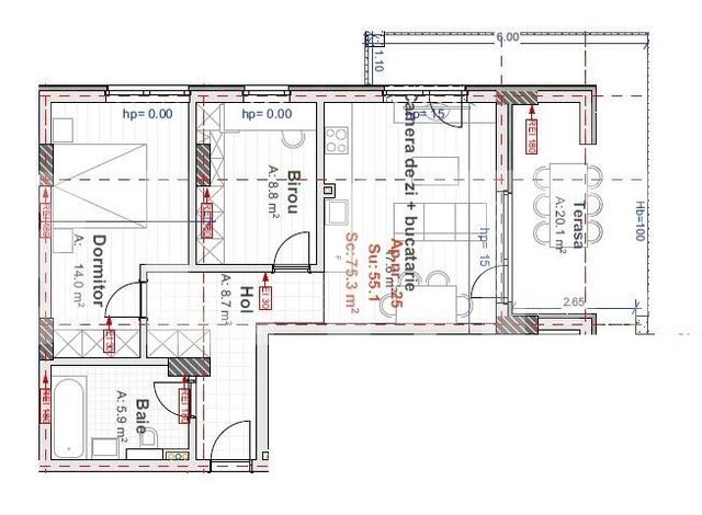 Apartament 3 camere, 55.1 mp, terasa 20 mp, semifinisat, etaj intermediar, zona Vivo