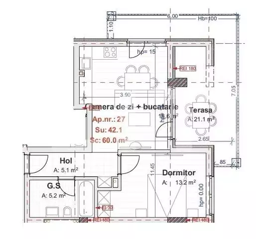 Apartament 2 camere, 42.1 mp, teresa 21.1 mp, semifinisat, zona Vivo