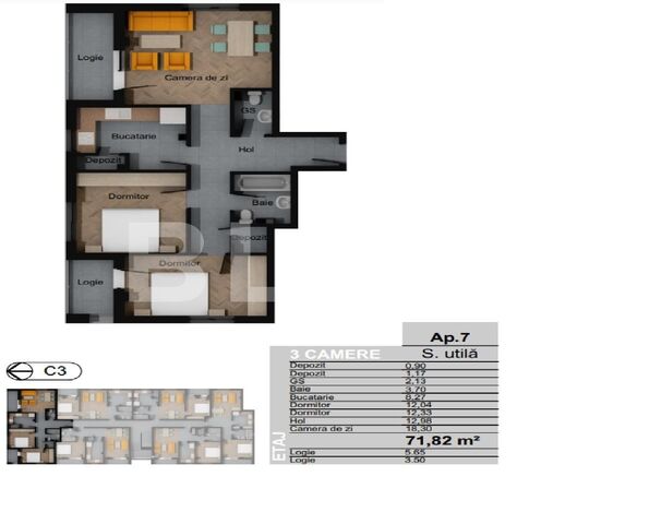 Apartament 3 camere decomandat, 71.82 mp, zona Terra