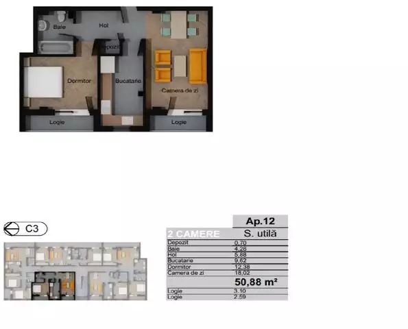 Apartament 2 camere decomandat, 50.88 mp, CF, zona Terra