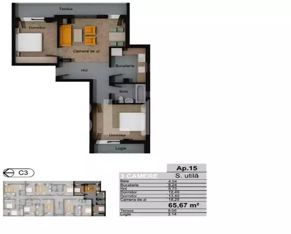 Apartament de 3 camere, 65.67 mp, CF, zona Terra
