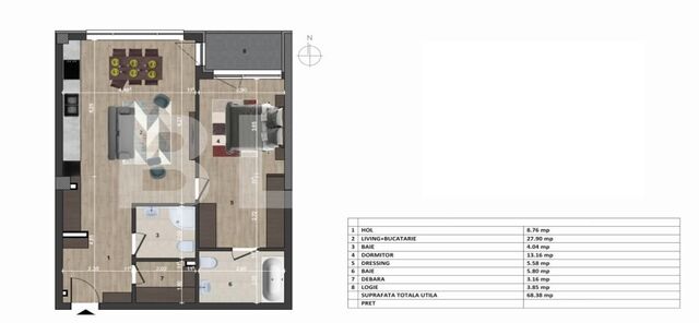 Apartament 2 camere, 68 mp, 2 bai, etaj intermediar, imobil nou