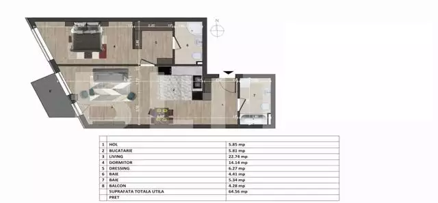 Apartament 2 camere, 64 mp, 2 bai, etaj intermediar, Europa