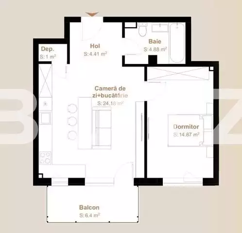Apartament finisat 2 camere, 49,34 mp + balcon 6,40, zona Vivo