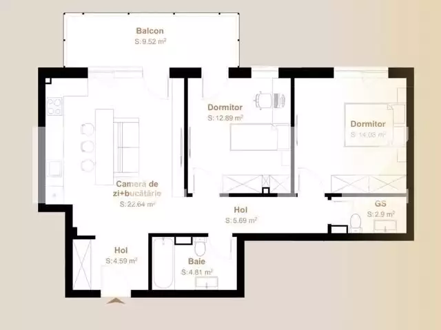 Apartament finisat 3 camere, 67,60 mp + balcon 9,52 mp, zona Vivo