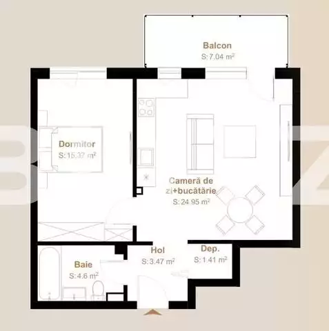 Apartament 2 camere, 49,80 mp + balcon 7,04 mp, zona Vivo