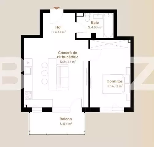 Apartament 2 camere, 48,38 mp + balcon ,40 mp, zona Vivo