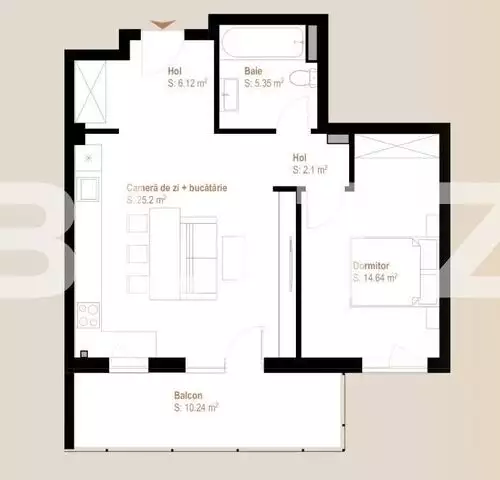 Apartament 2 camere, 53,41 mp + balcon 10,24 mp, zona Vivo
