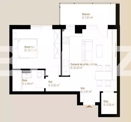 Apartament 2 camere, 46,60 mp + balcon 7,82 mp, zona Vivo
