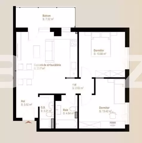 Apartament 3 camere, 65,20 mp, balcon, zona Vivo