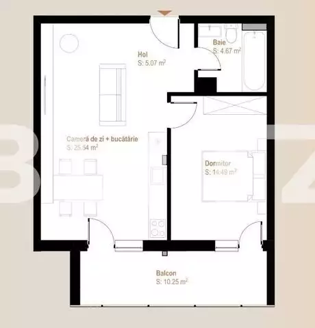 Apartament 2 camere, 45,10 mp + balcon 10,25 mp, zona Vivo