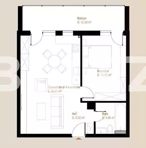 Apartament 2 camere, 51,41 mp + balcon 12,38 mp, zona Vivo
