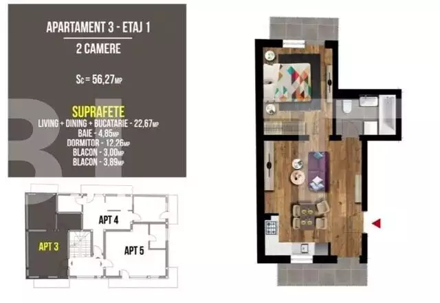 Apartament 2 camere, semifinisat, 56,27 mp, zona Terra