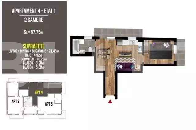 Apartament 2 camere, semifinisat, 57,75 mp, 2 balcoane, zona Terra