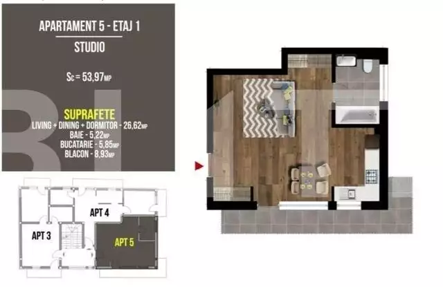 Apartament tip studio, semifinisat, 53,97 mp, terasa, zona Terra