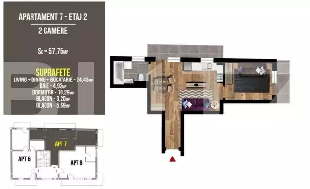 Apartament 2 camere, semifinisat, 57,75 mp, 2 balcoane, zona Terra 