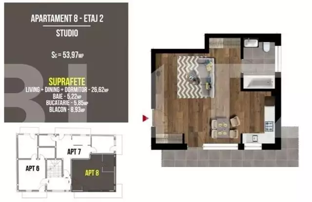 Apartament tip studio, 53.97mp, semifinisat, terasa, zona Terra