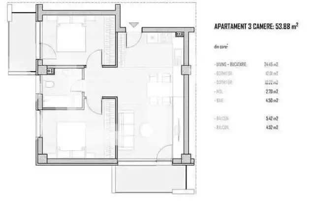 Apartament de 3 camere, 54 mp, balcon, zona Baciu Hills 