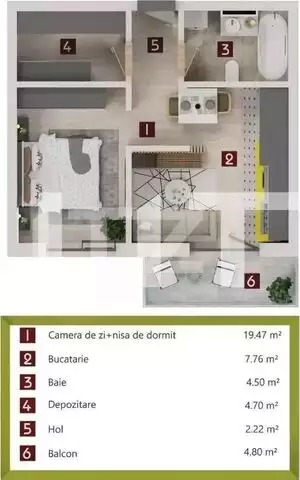 Apartament 2 camere, 39 mp, etaj intermediar, zona Beta Residence