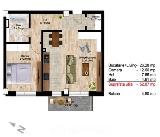 Apartament 2 camere, S-53 mp+ 5mp.terasa, bloc nou, Centru