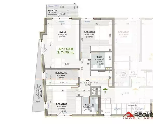 Apartament 3 camere Borhanci, 75 mp, decomandat, etaj 1, semifinisat - PropertyBook