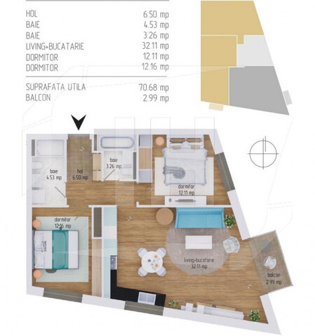 Apartament cu 3 camere, 70,68 mp utili, 2 bai, zona Dambul Rotund 