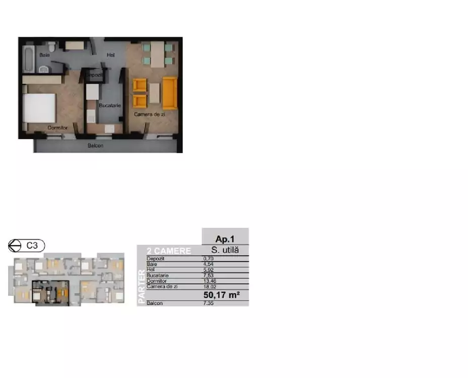 Apartament 2 camere, decomandat, 50.17 mp, zona Terra - PropertyBook