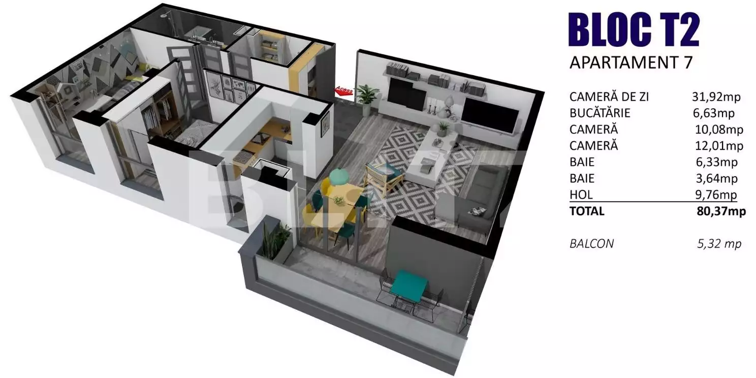 Apartament 3 camere, 80 mp, in ansamblu rezidential nou, zona Teilor