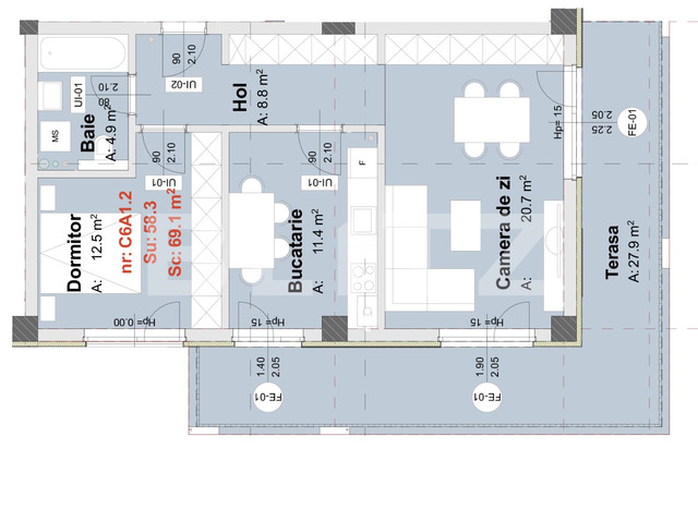 Apartament de 2 camere decomandate, 58.3 mp, terasa de 33.3 mp, semifinisat, zona Metro - PropertyBook