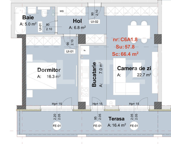 Apartament de 2 camere, 57.8 mp, terasa de 16.4 mp, semifinisat, zona Metro - PropertyBook