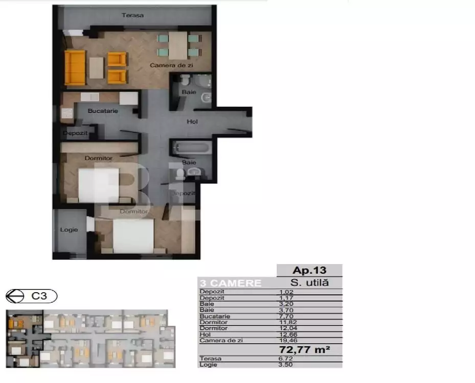 Apartament 3 camere decomandate, 72.77 mp, CF, zona Terra - PropertyBook