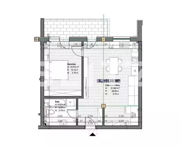 Apartament 2 camere, 51 mp, semifinisat,parcare, zona Terra - PropertyBook