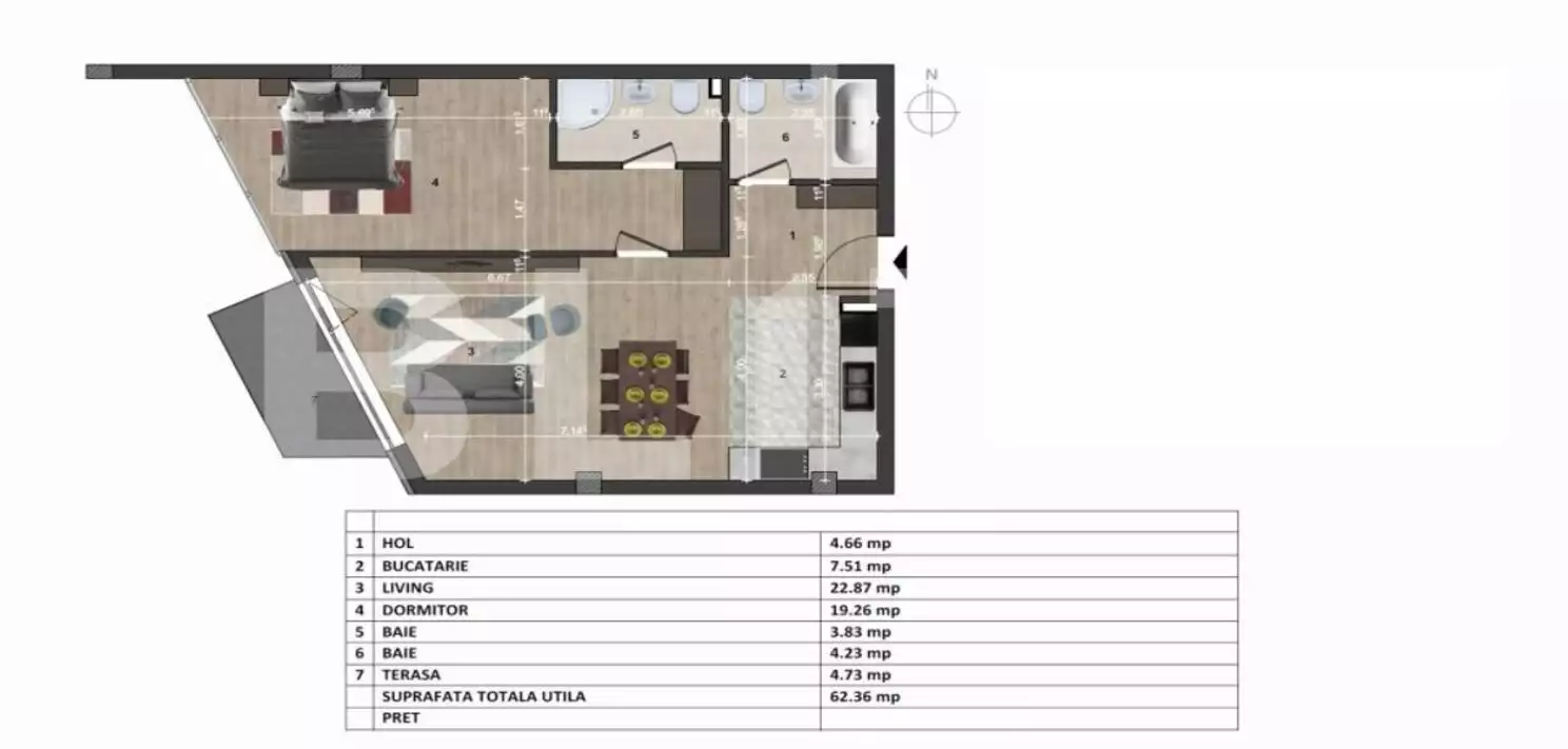 Apartament 2 camere, 62 mp, 2 bai, etaj intermediar, Europa  - PropertyBook
