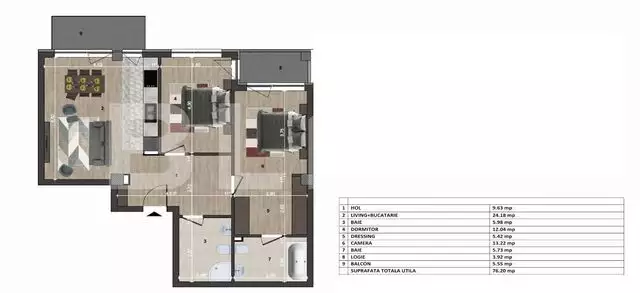Apartament 3 camere, 76mp, 2 balcoane, bloc NOU  - PropertyBook