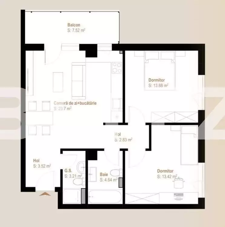 Apartament 3 camere, 65,20 mp, balcon, zona Vivo - PropertyBook