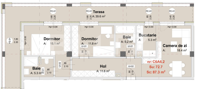 Apartament de 3 camere, 72.7 mp, terasa de 39.6 mp, semifinisat, parcare subterana, zona Metro - PropertyBook