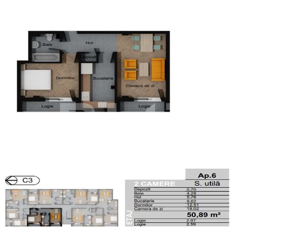 Apartament 2 camere decomandat, 50.89 mp, zona Terra - PropertyBook