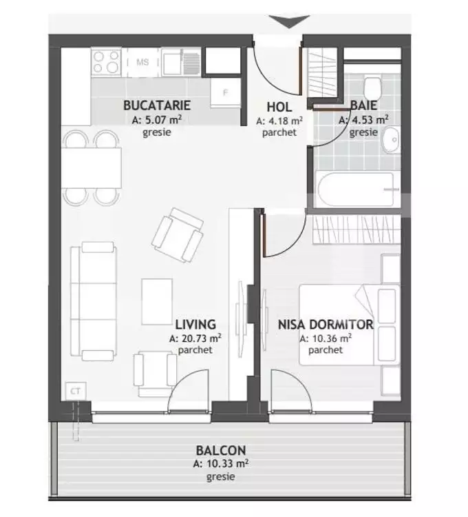 Apartament de 2 camere, 44,87 mp, zona exclusivista Centrala   - PropertyBook